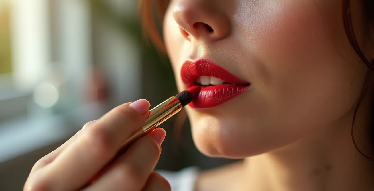 Frau trägt präzise roten Lippenstift mit professionellem Lippenpinsel auf