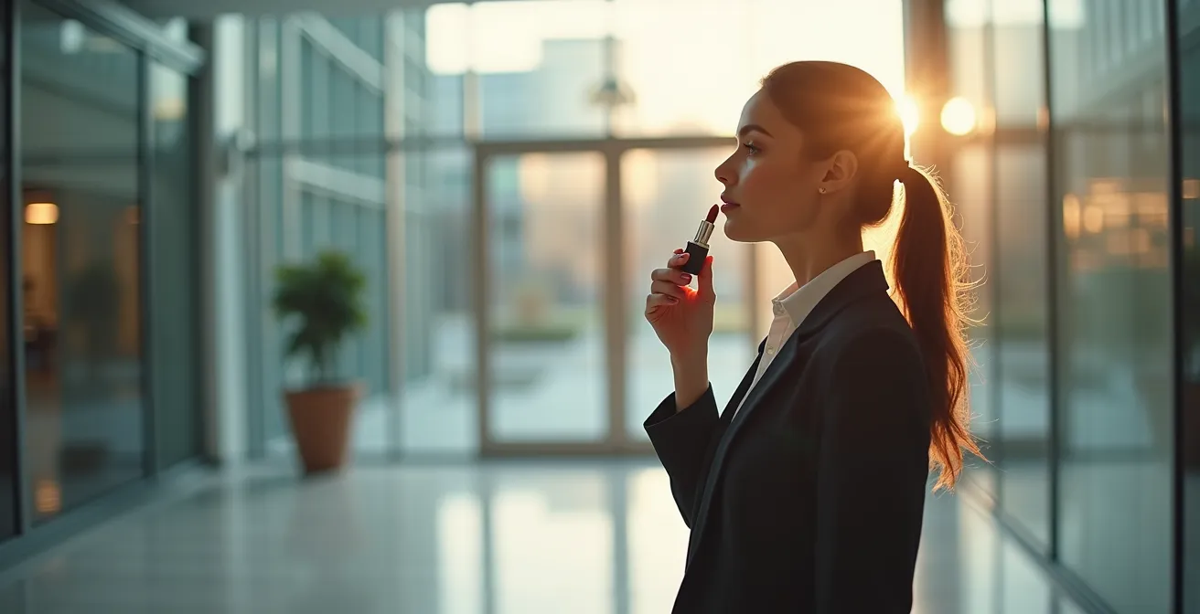 Geschäftsfrau trägt selbstbewusst Lippenstift in einem modernen Bürogebäude auf