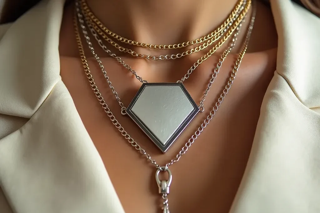 Nahaufnahme mehrerer geschichteter Halsketten in verschiedenen Längen, die den Layering-Trend illustrieren