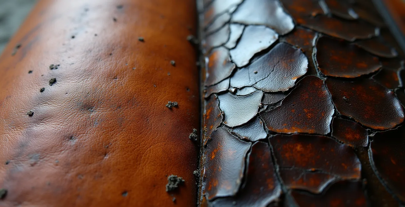 Gegenüberstellung von gealtertem mattem Leder und beschädigtem Lackleder