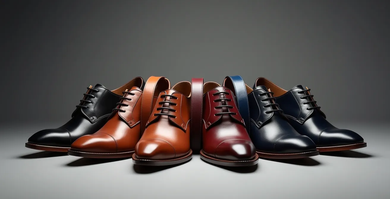 Stillleben mit perfekt farblich abgestimmten Herrenschuhen und Ledergürteln in Schwarz, Braun, Cognac und Burgund