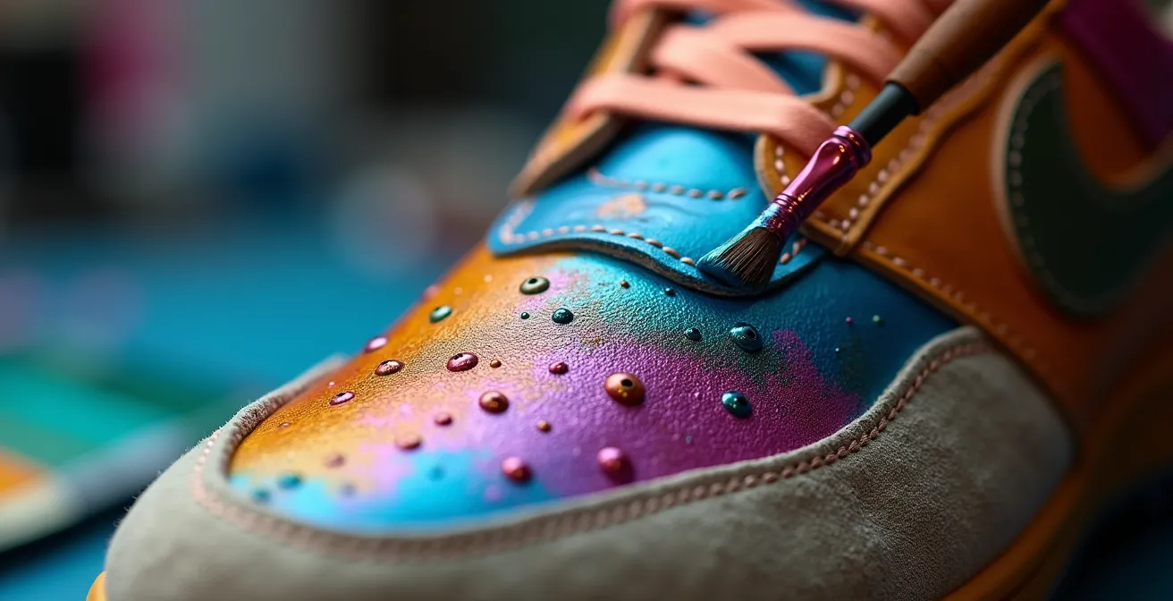 Detailaufnahme von Sneaker-Customizing mit Farben und Pinseln