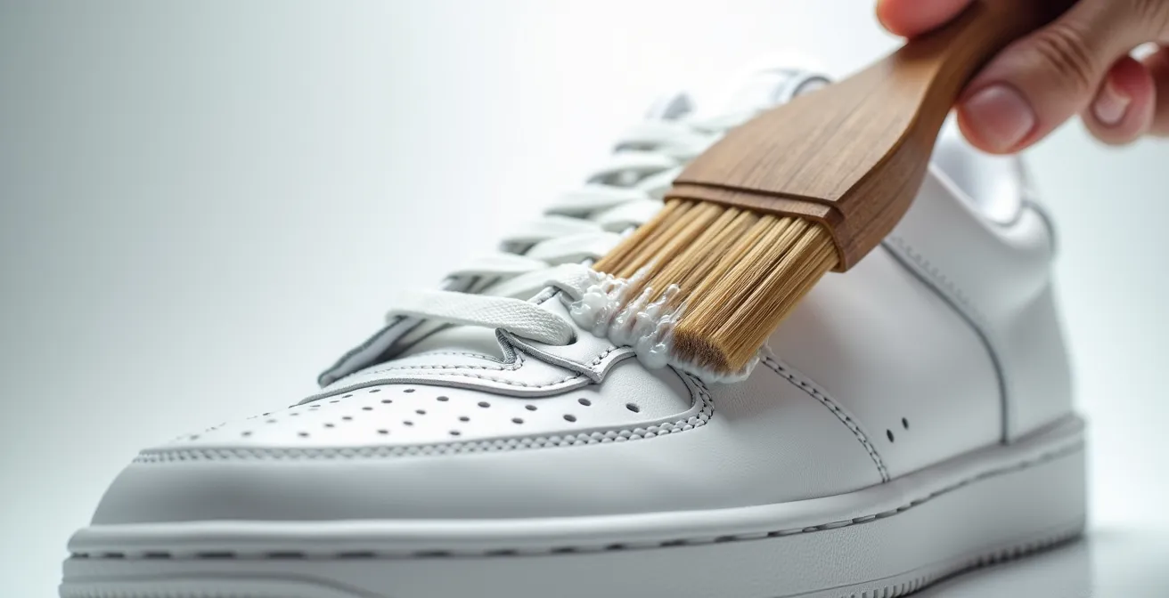 Detailaufnahme professioneller Sneaker-Reinigung mit umweltfreundlichen Produkten