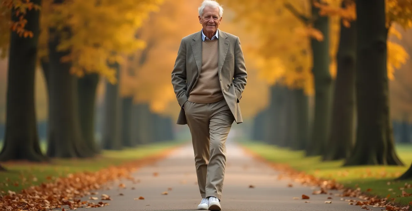 Elegante Person über 50 trägt stilvolle weiße Sneaker in deutschem Park