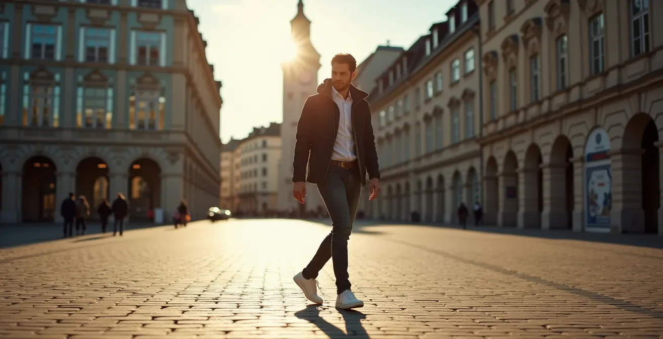 Kontrastreiche Kombination aus traditionellem Janker und urbanen Sneakers in einer modernen Münchner Straßenszene