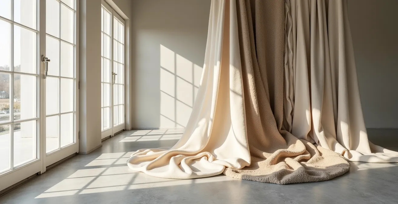 Verschiedene minimalistische Stoffe und Texturen in neutralen Tönen harmonisch arrangiert