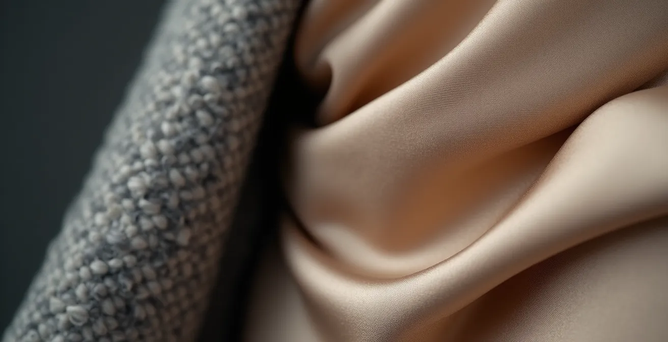 Kontrastreiche Kombination aus fließenden und strukturierten Stoffen an der Taille einer Person.