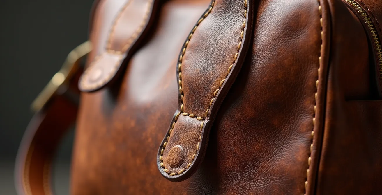 Detailaufnahme einer hochwertigen Ledertasche mit natürlicher Patina, die die Schönheit des Alterns zeigt