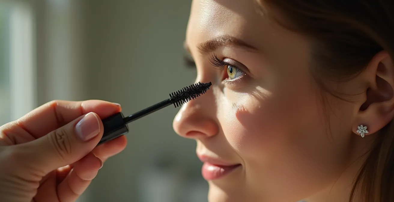 Detailaufnahme der Zick-Zack-Bewegung beim Mascara-Auftrag mit Bürstchen an Wimpern